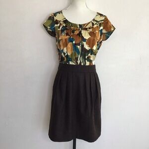 Tabitha Women Vintage Elegant Green Floral  w/Dark Brown A-Line Midi Dress 8